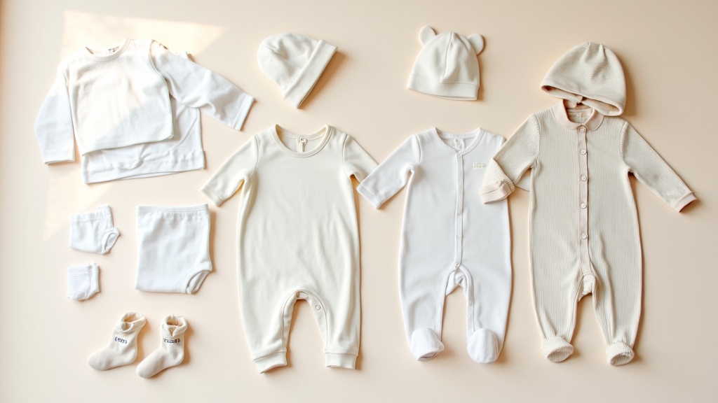 a stack of soft, neutral newborn clothes