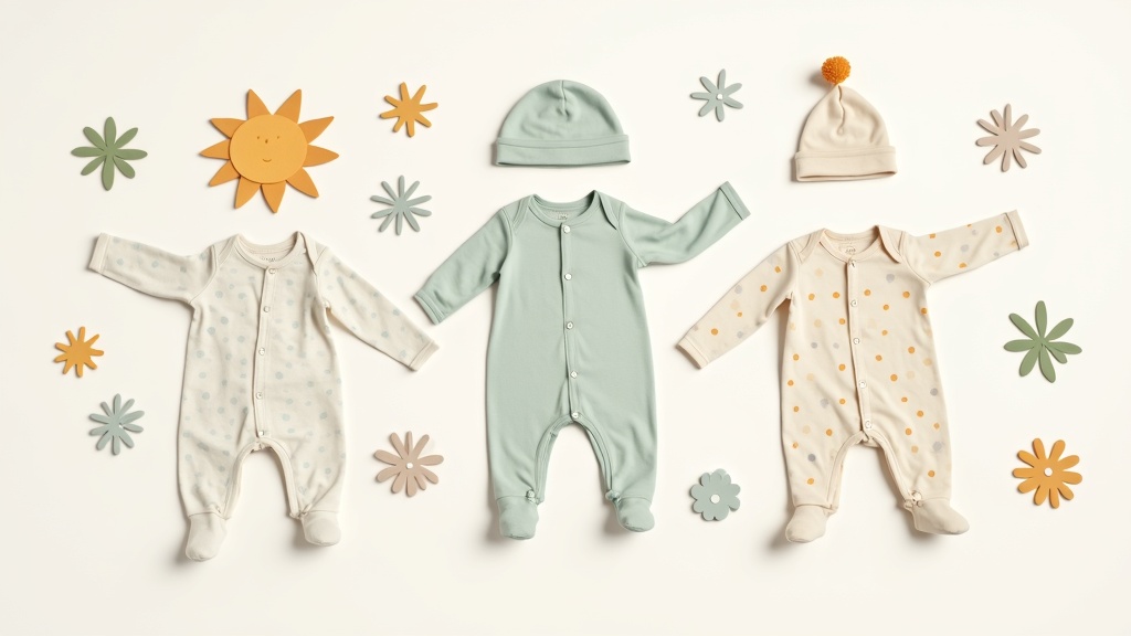 Colorful flat lay of newborn onesies, hats, and socks surrounded by simple seasonal symbols like sun, leaves, and snowflakes.